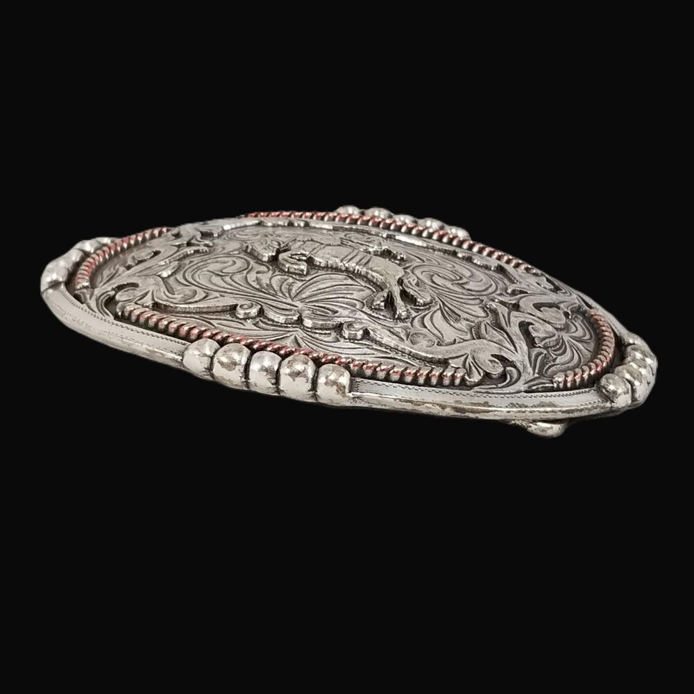 Bronco Rider Western Belt Buckle, Engraved Scroll Rodeo Design - Picture 5 of 10